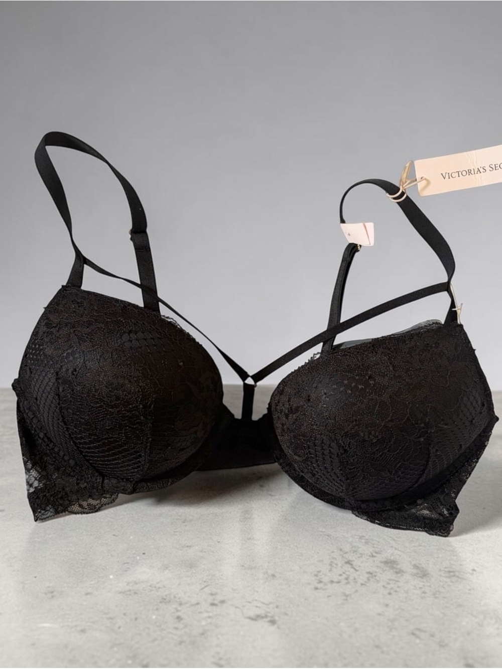 Victoria's Secret Bombshell Pushup Plunge Lace Bra Strappy Front 34B Add 2 Cups